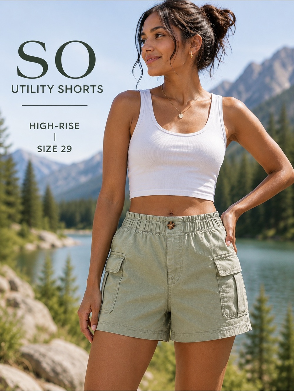 SO High Rise Utility Cargo Shorts Women’s Size 29 Sage Green Elastic Waist